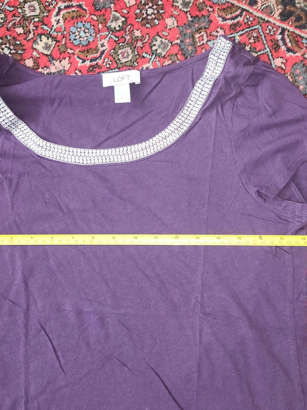 LOFT Purple Short Sleeve Top with Embellished Scoop Neck - Picture 2 of 5